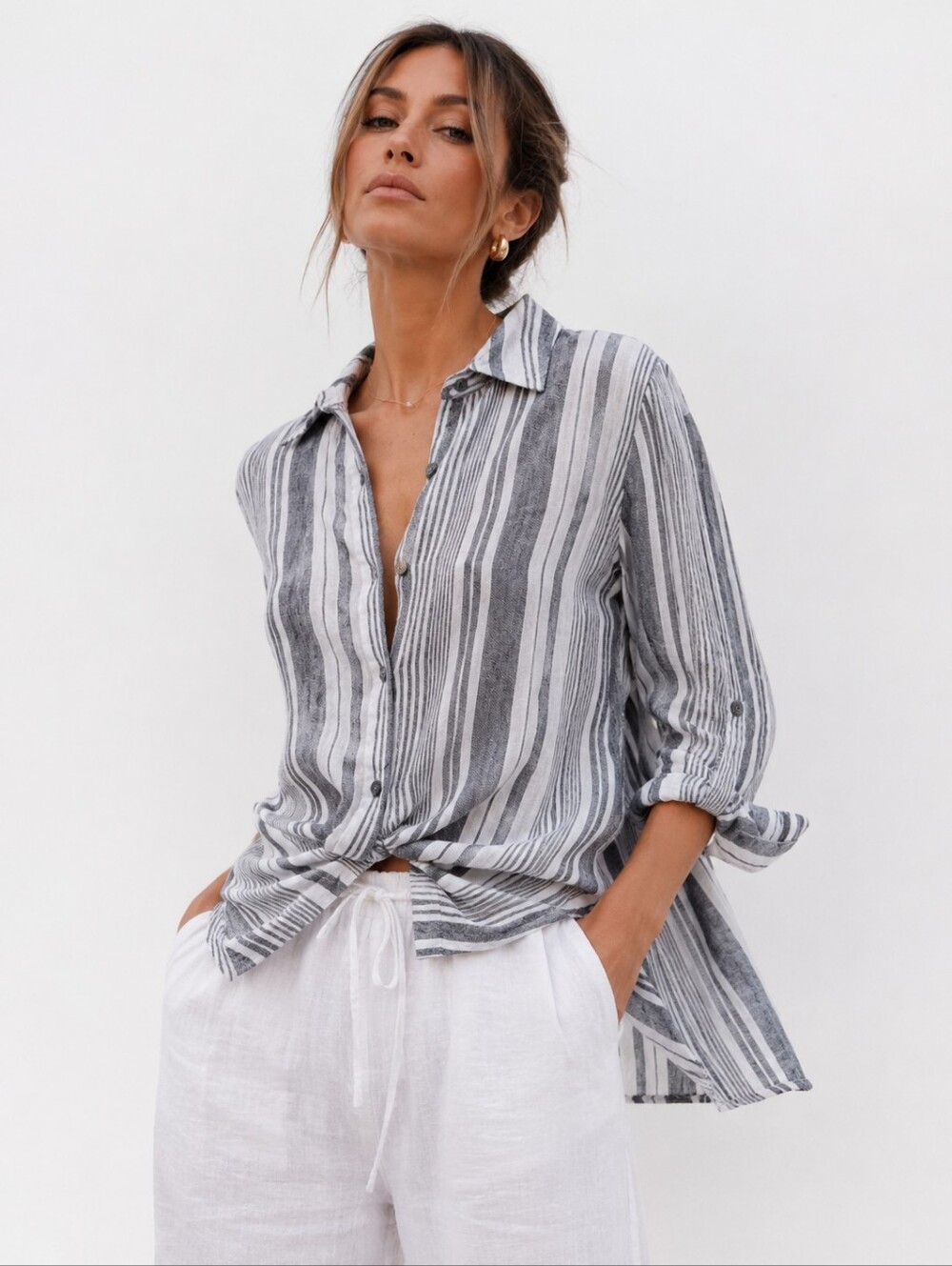 Jones New York Sport Linen Top Striped Button Down Shirt Old Money Minimalist M